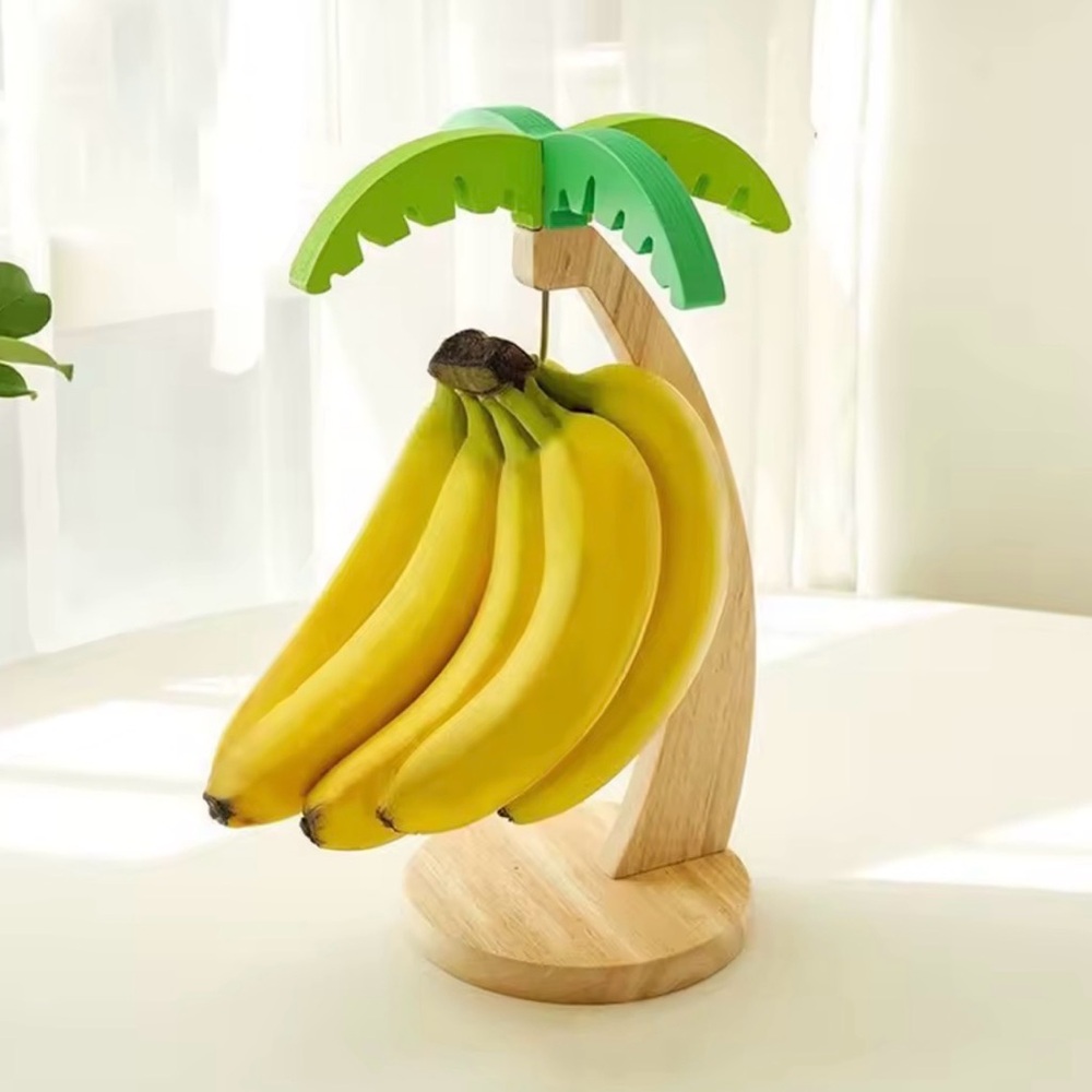 Wooden Banana Holder with Green Leaves